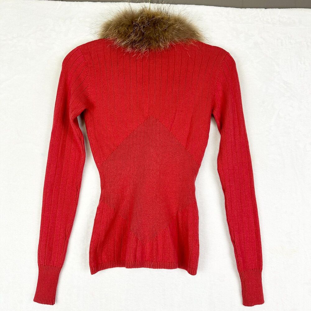 Cache Vintage Y2K Silk Cashmere Genuine Fur Collar Cardigan Top Size Small Red - Picture 2 of 4